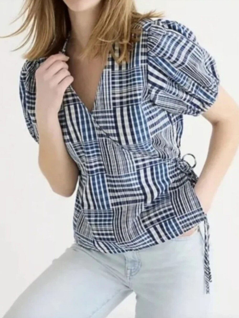 J. Crew Blue and White Plaid Puff-Sleeve Wrap Blouse